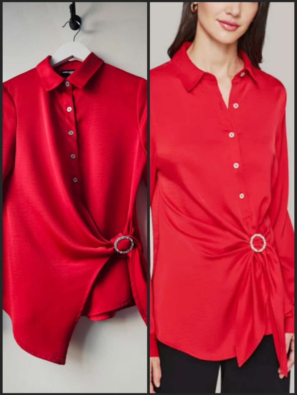 Karl Lagerfeld Red Satin Rinestone Side Tie Blouse